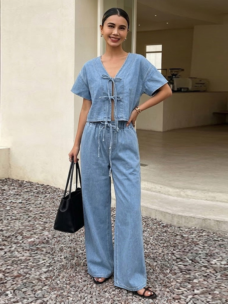 カジュアルな半袖Vネックレースアップシャツ、ハイウエストワイ - Street Fashion Jeans Women のレビューと価格