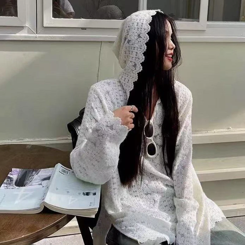 Y2K レースフード付きシャツ女性ストリートセクシーな中空ア - Street Fashion In Korea のレビューと価格