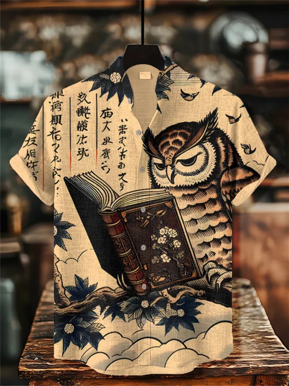 メンズサマーリネンシャツ半袖スタンドアップカラープリントスト - Street Fashion Shanghai のレビューと価格