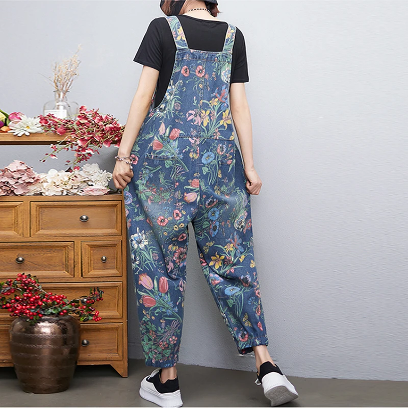 カジュアルストリートプリント花柄デニムジャンプスーツ女性ルー - Street Fashion Jeans Women のレビューと価格