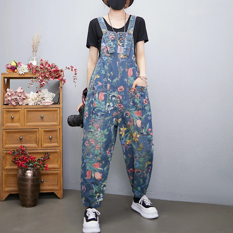 カジュアルストリートプリント花柄デニムジャンプスーツ女性ルー - Street Fashion Jeans Women のレビューと価格