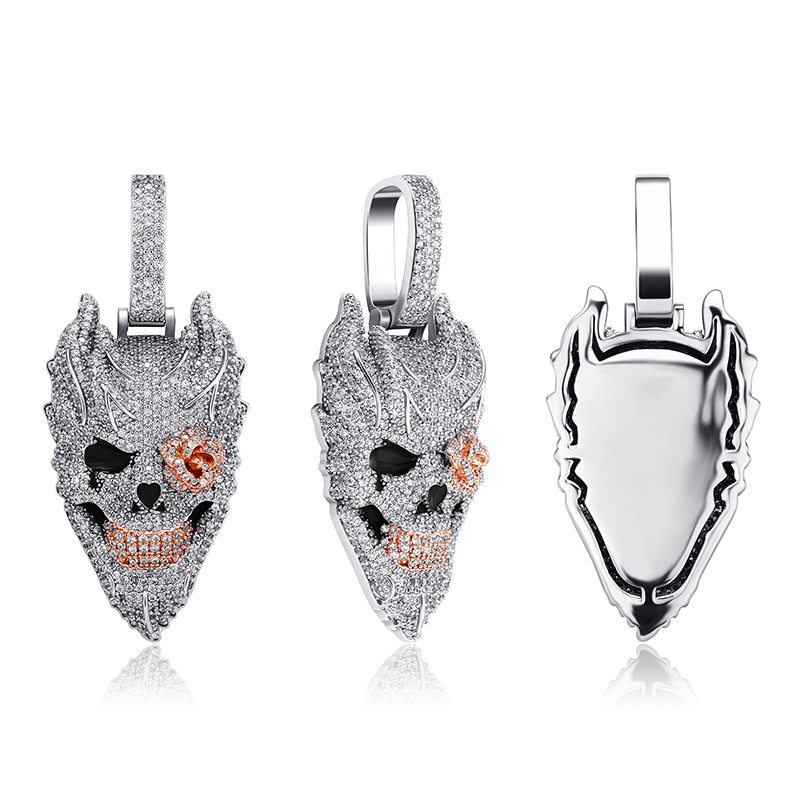 シルバーメッキの悪魔の頭蓋骨ペンダントネックレス、フルアイス - Fashion Street Singapore のレビューと価格