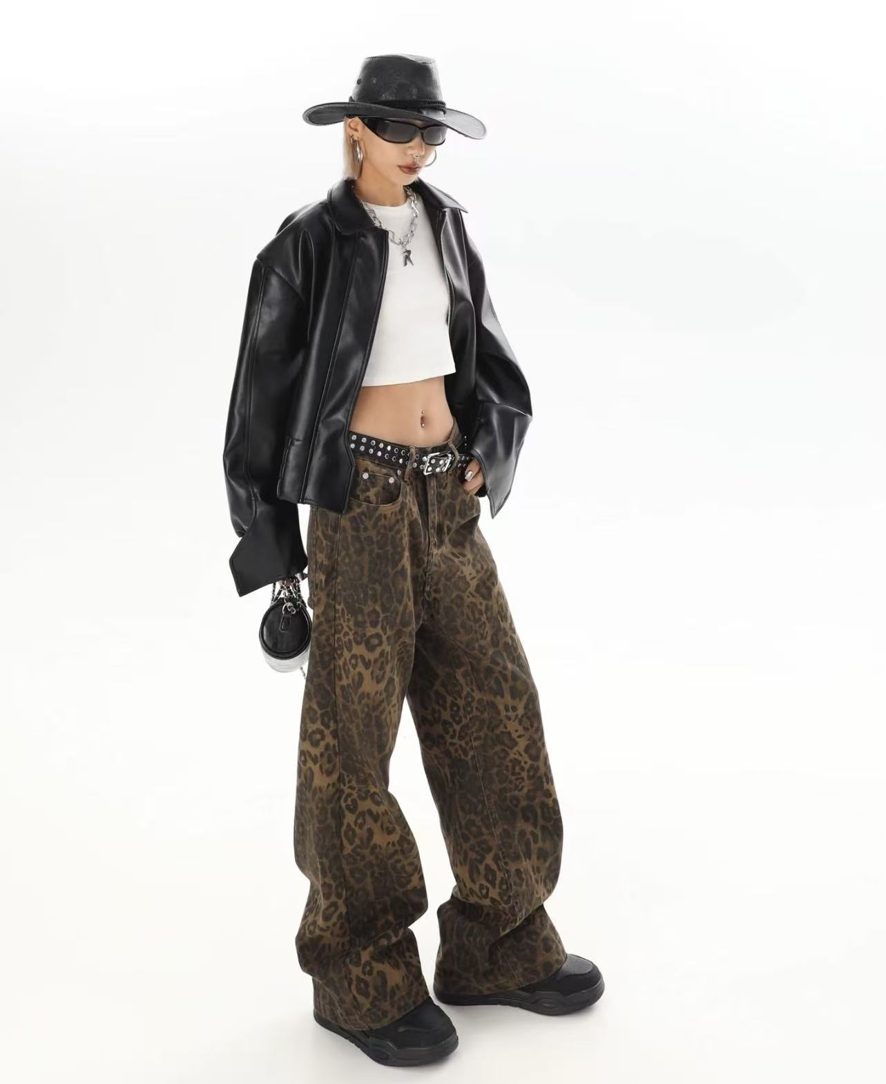韓国原宿レトロ QICHE 男女兼用ハイストリートヒョウ柄ワ - Street Fashion Jeans Women のレビューと価格