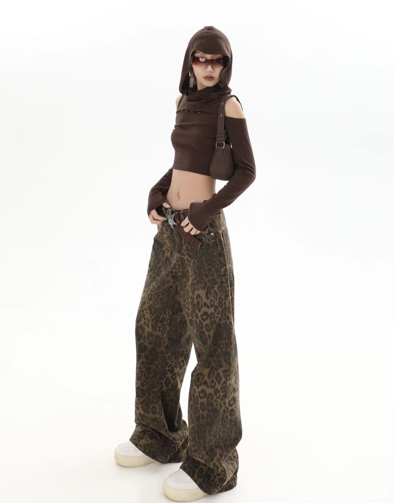 韓国原宿レトロ QICHE 男女兼用ハイストリートヒョウ柄ワ - Street Fashion Jeans Women のレビューと価格