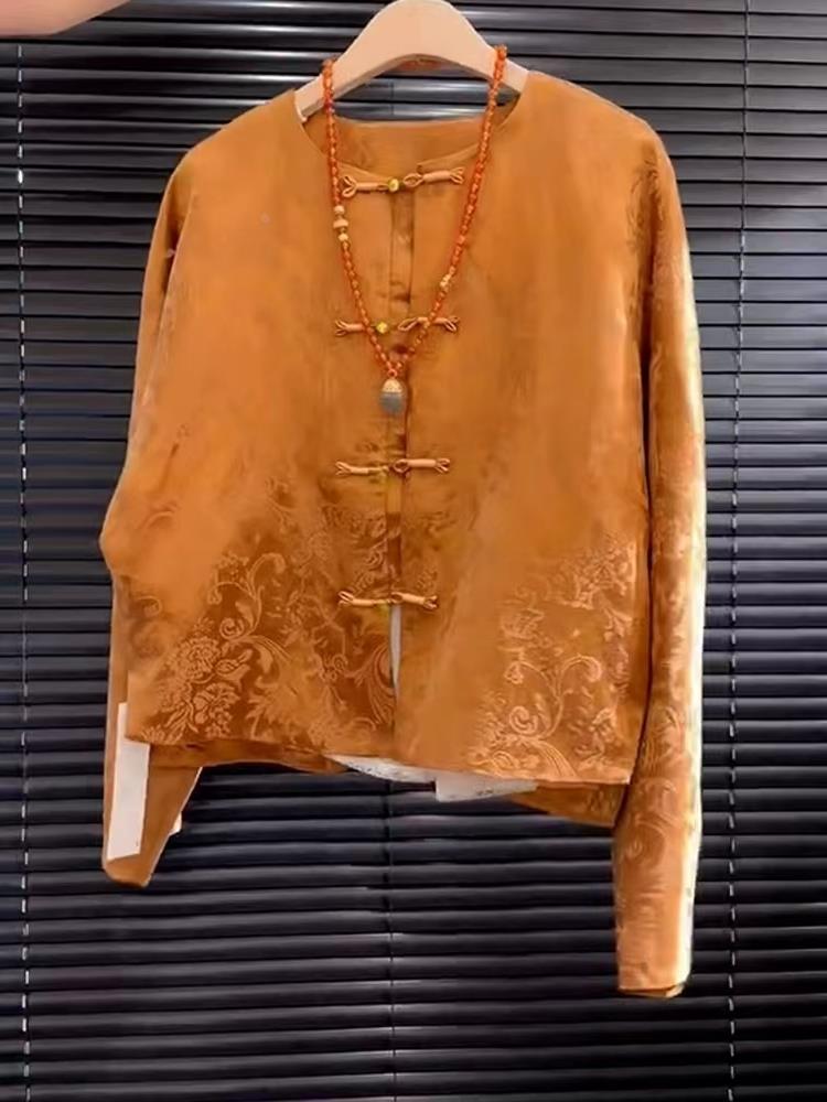 新しいハイエンドサテンオレンジ花柄刺繍ソンジントップ中国風ス - Street Fashion In Chinese のレビューと価格