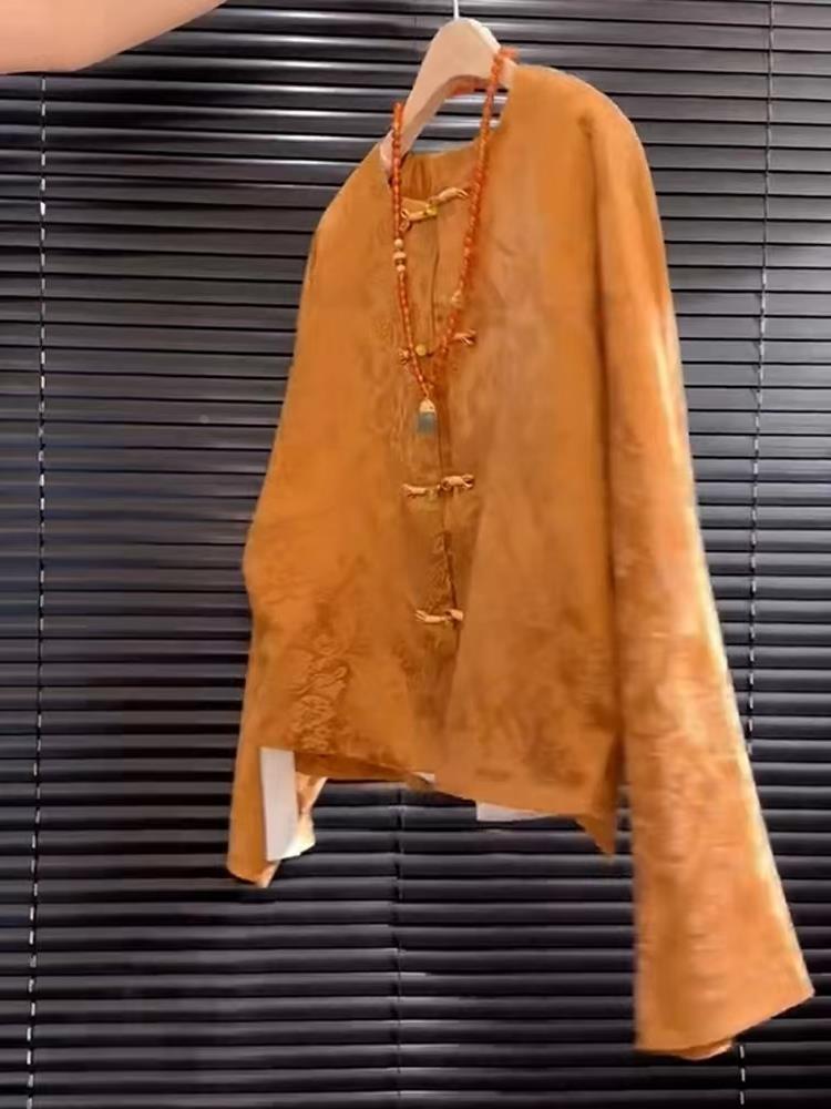 新しいハイエンドサテンオレンジ花柄刺繍ソンジントップ中国風ス - Street Fashion In Chinese のレビューと価格