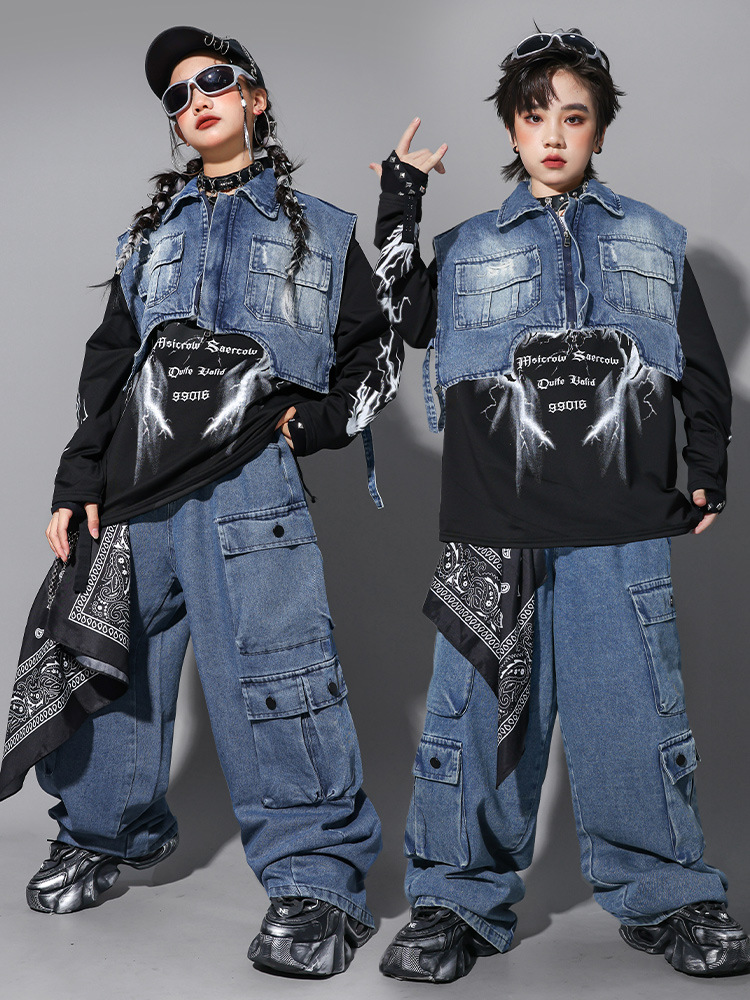 子供用ヒップホップ服 デニムブルーベストジャケット ロングス - Street Fashion Jeans Women のレビューと価格