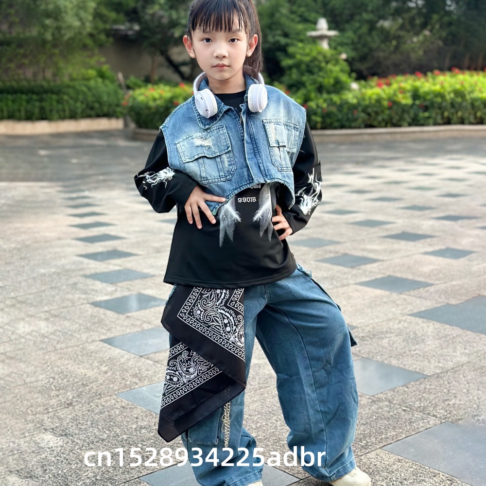 子供用ヒップホップ服 デニムブルーベストジャケット ロングス - Street Fashion Jeans Women のレビューと価格