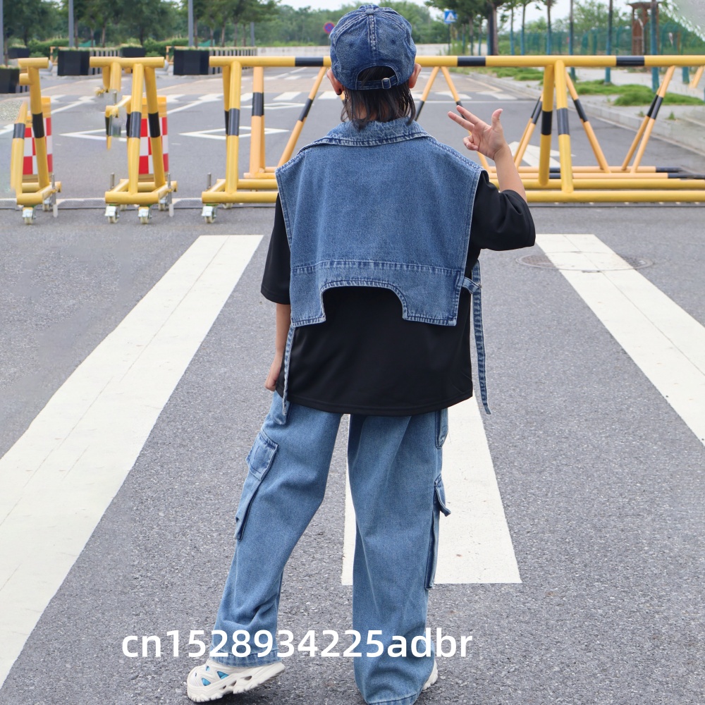 子供用ヒップホップ服 デニムブルーベストジャケット ロングス - Street Fashion Jeans Women のレビューと価格