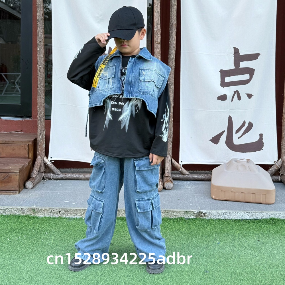 子供用ヒップホップ服 デニムブルーベストジャケット ロングス - Street Fashion Jeans Women のレビューと価格