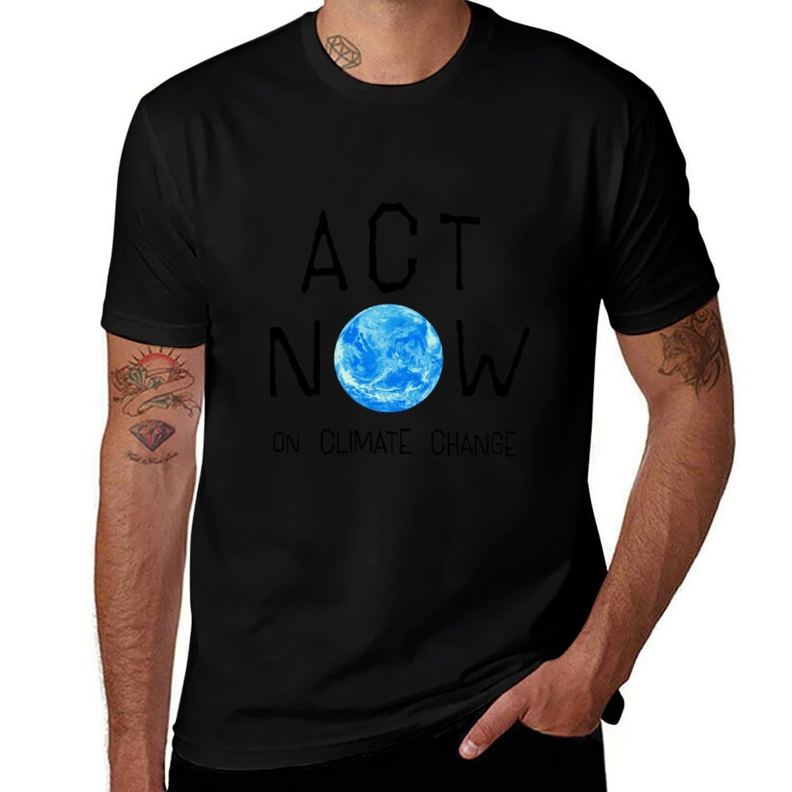 気候変動に今すぐ行動を：オリジナルの黒地に白のTシャツ、スト - Street Fashion Now のレビューと価格